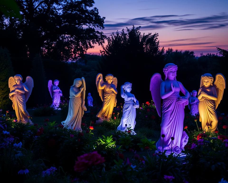 Beleuchtete Gartenstatuen für abendliche Lichtakzente