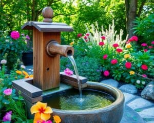 Holzbrunnen für eine rustikale Wassergestaltung im Garten