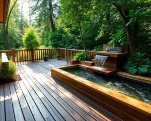 Holzdeck mit eingebauten Wasserläufen: Kreative Gartengestaltung