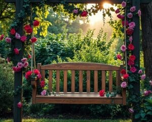 Holzschaukeln mit Blumenranken: Romantik im Garten schaffen