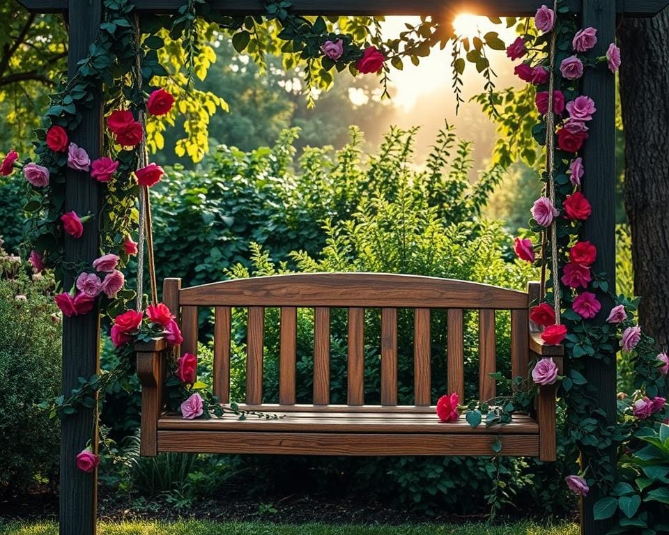 Holzschaukeln mit Blumenranken: Romantik im Garten schaffen