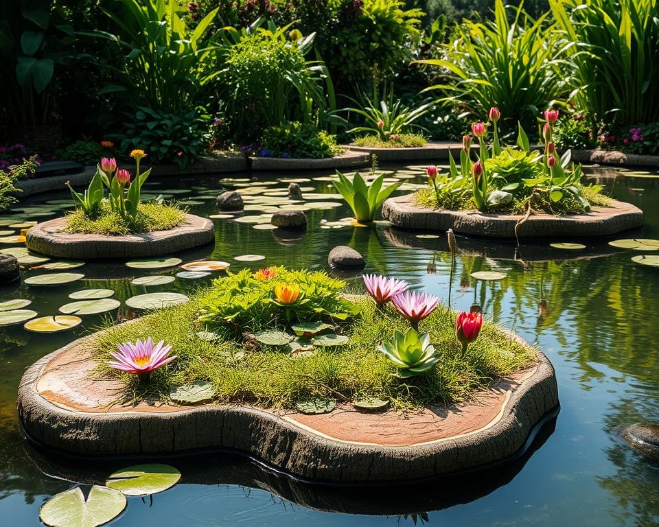 Schwimmende Inseln aus Naturmaterialien für Gartenteiche