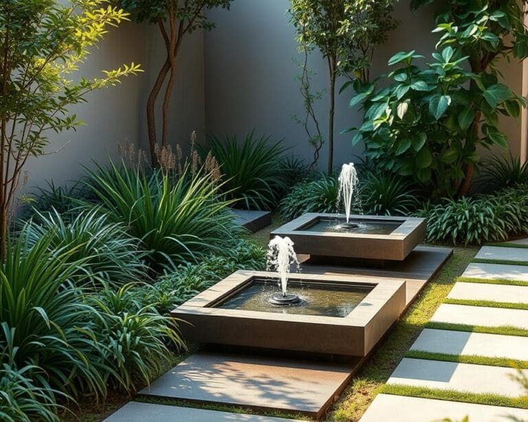 Solarbetriebene Wasserbrunnen für minimalistische Gartendesigns